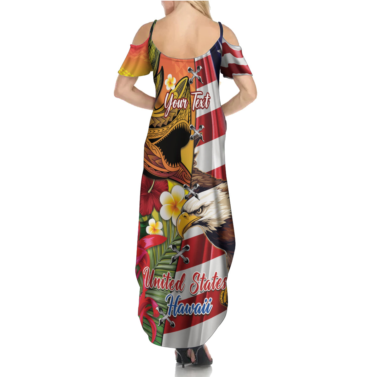 Personalised United States And Hawaii Family Matching Summer Maxi Dress and Hawaiian Shirt USA Eagle With Hawaiian Shark Tattoo LT14 - Polynesian Pride