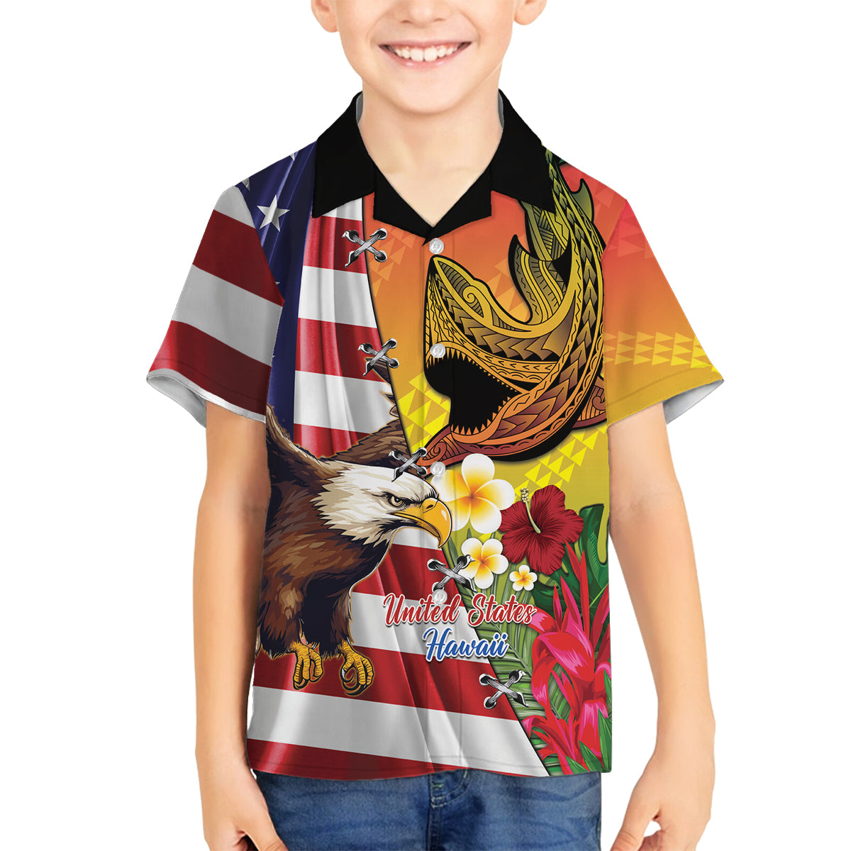Personalised United States And Hawaii Family Matching Summer Maxi Dress and Hawaiian Shirt USA Eagle With Hawaiian Shark Tattoo LT14 Son's Shirt Red - Polynesian Pride