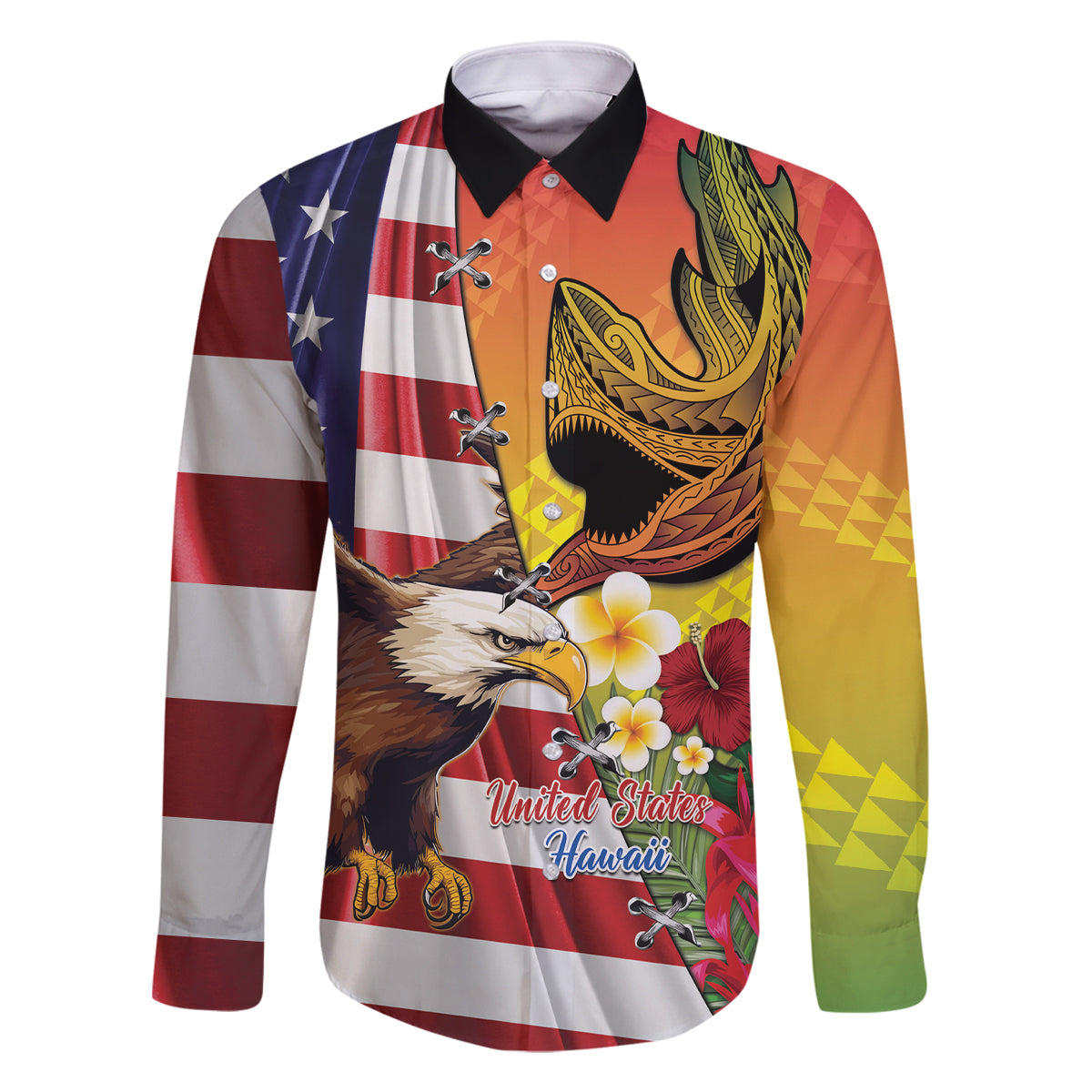 Personalised United States And Hawaii Family Matching Tank Maxi Dress and Hawaiian Shirt USA Eagle With Hawaiian Shark Tattoo LT14 Dad's Shirt - Long Sleeve Red - Polynesian Pride
