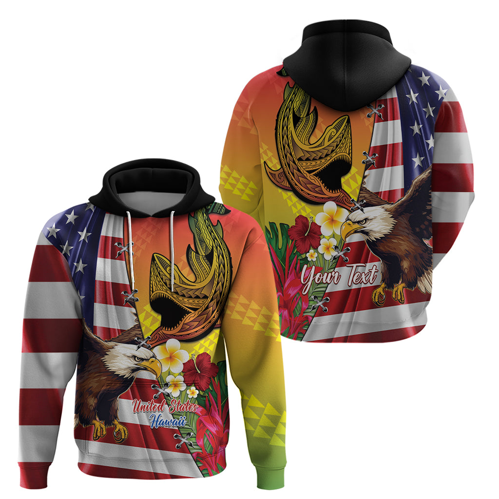 Personalised United States And Hawaii Hoodie USA Eagle With Hawaiian Shark Tattoo