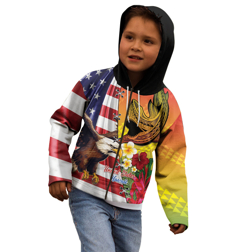 Personalised United States And Hawaii Kid Hoodie USA Eagle With Hawaiian Shark Tattoo