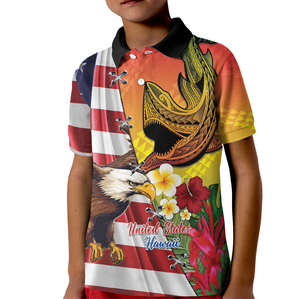 Personalised United States And Hawaii Kid Polo Shirt USA Eagle With Hawaiian Shark Tattoo