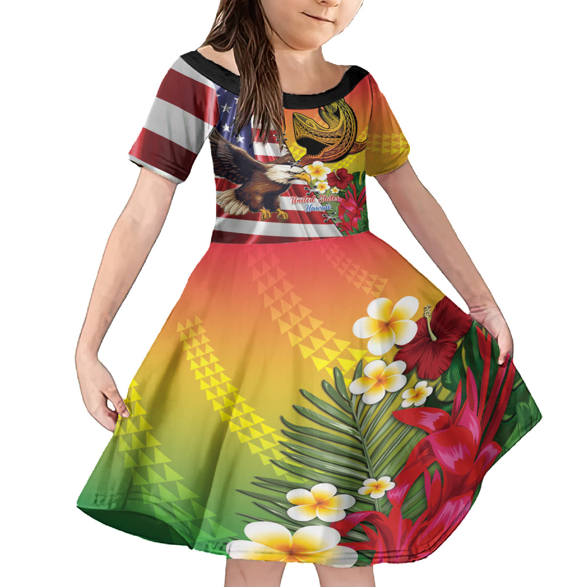Personalised United States And Hawaii Kid Short Sleeve Dress USA Eagle With Hawaiian Shark Tattoo