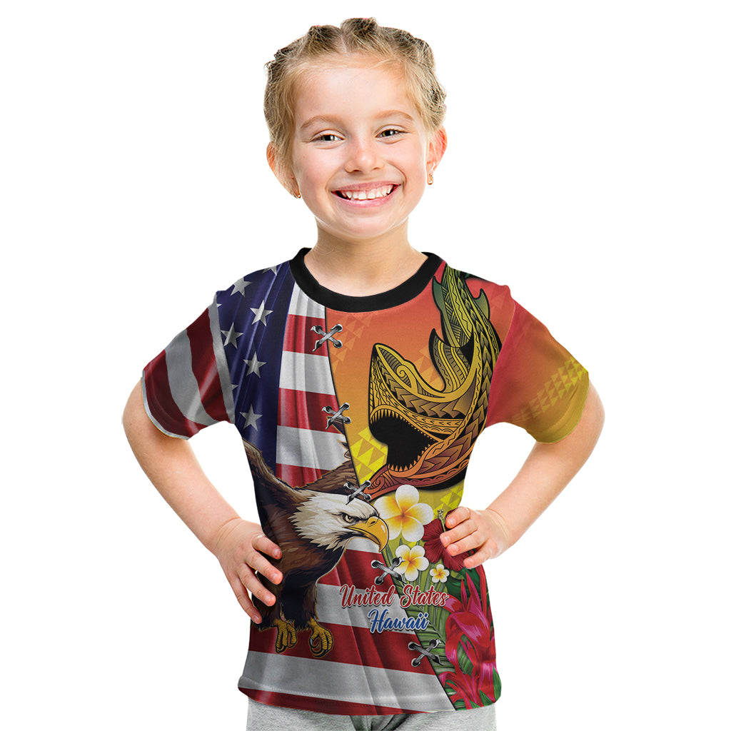 Personalised United States And Hawaii Kid T Shirt USA Eagle With Hawaiian Shark Tattoo