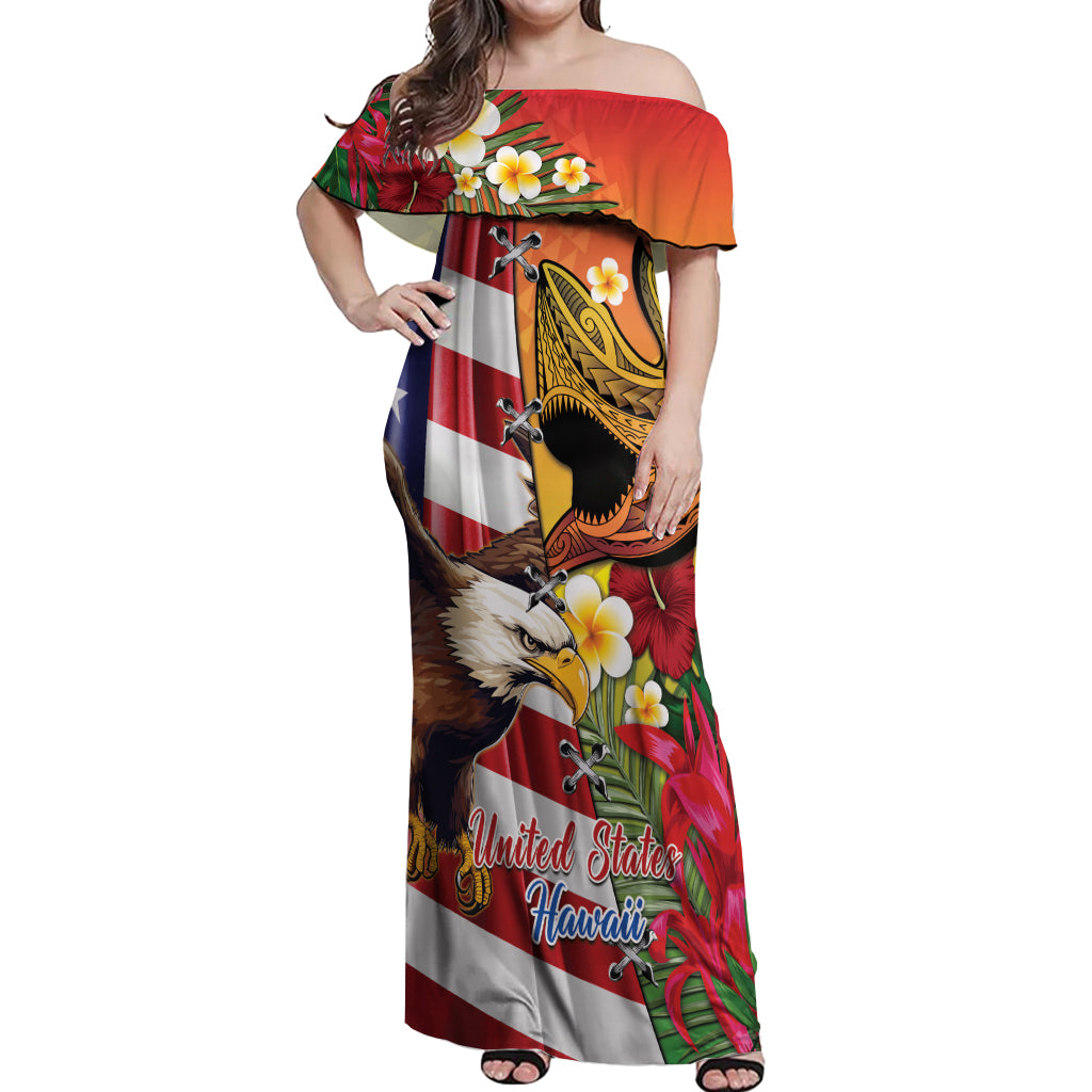 Personalised United States And Hawaii Off Shoulder Maxi Dress USA Eagle With Hawaiian Shark Tattoo