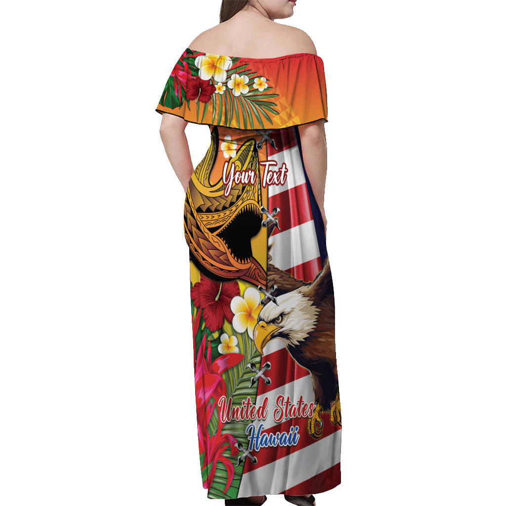 Personalised United States And Hawaii Off Shoulder Maxi Dress USA Eagle With Hawaiian Shark Tattoo