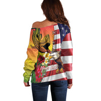 Personalised United States And Hawaii Off Shoulder Sweater USA Eagle With Hawaiian Shark Tattoo