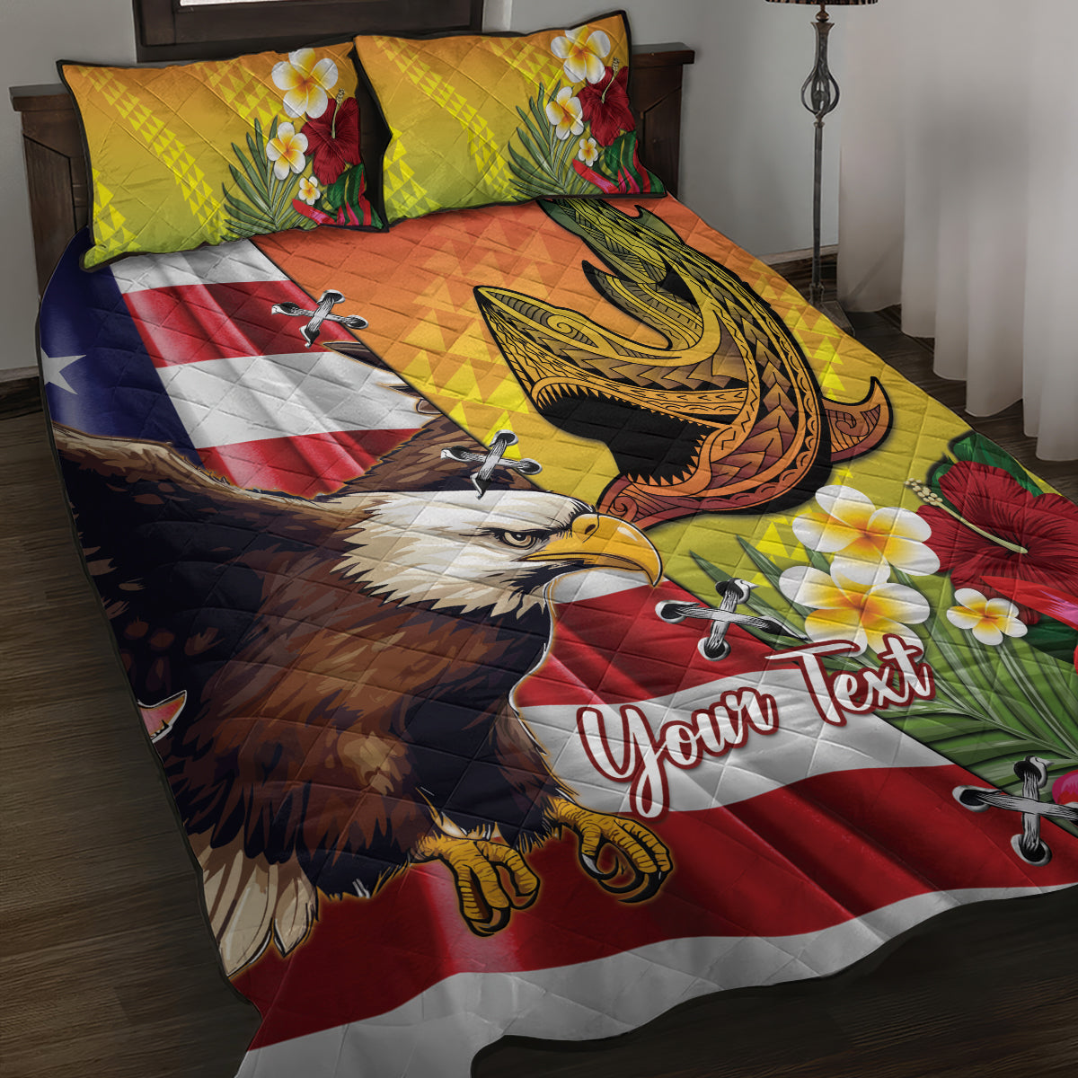 Personalised United States And Hawaii Quilt Bed Set USA Eagle With Hawaiian Shark Tattoo