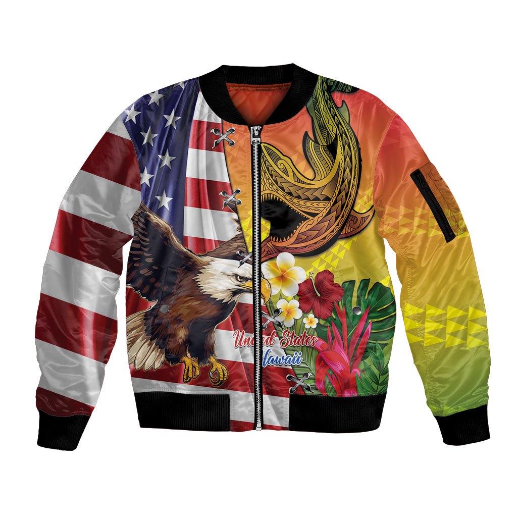 Personalised United States And Hawaii Sleeve Zip Bomber Jacket USA Eagle With Hawaiian Shark Tattoo