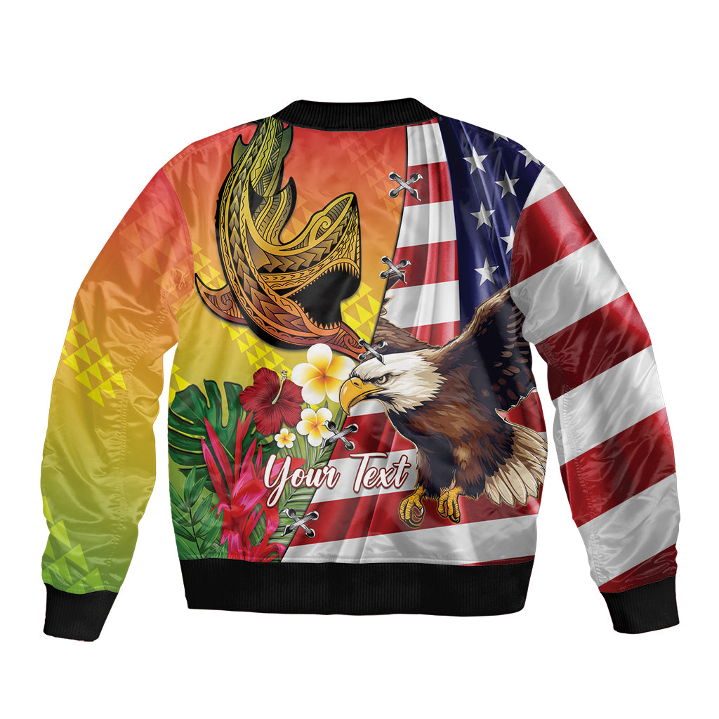 Personalised United States And Hawaii Sleeve Zip Bomber Jacket USA Eagle With Hawaiian Shark Tattoo