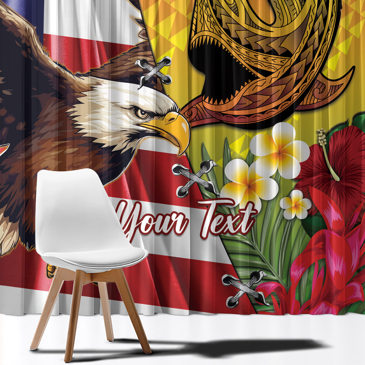 Personalised United States And Hawaii Window Curtain USA Eagle With Hawaiian Shark Tattoo