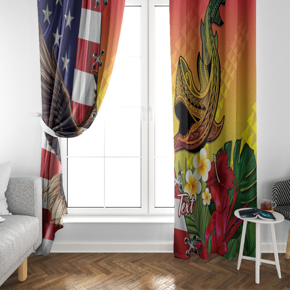 Personalised United States And Hawaii Window Curtain USA Eagle With Hawaiian Shark Tattoo