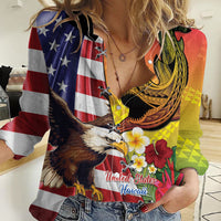 Personalised United States And Hawaii Women Casual Shirt USA Eagle With Hawaiian Shark Tattoo