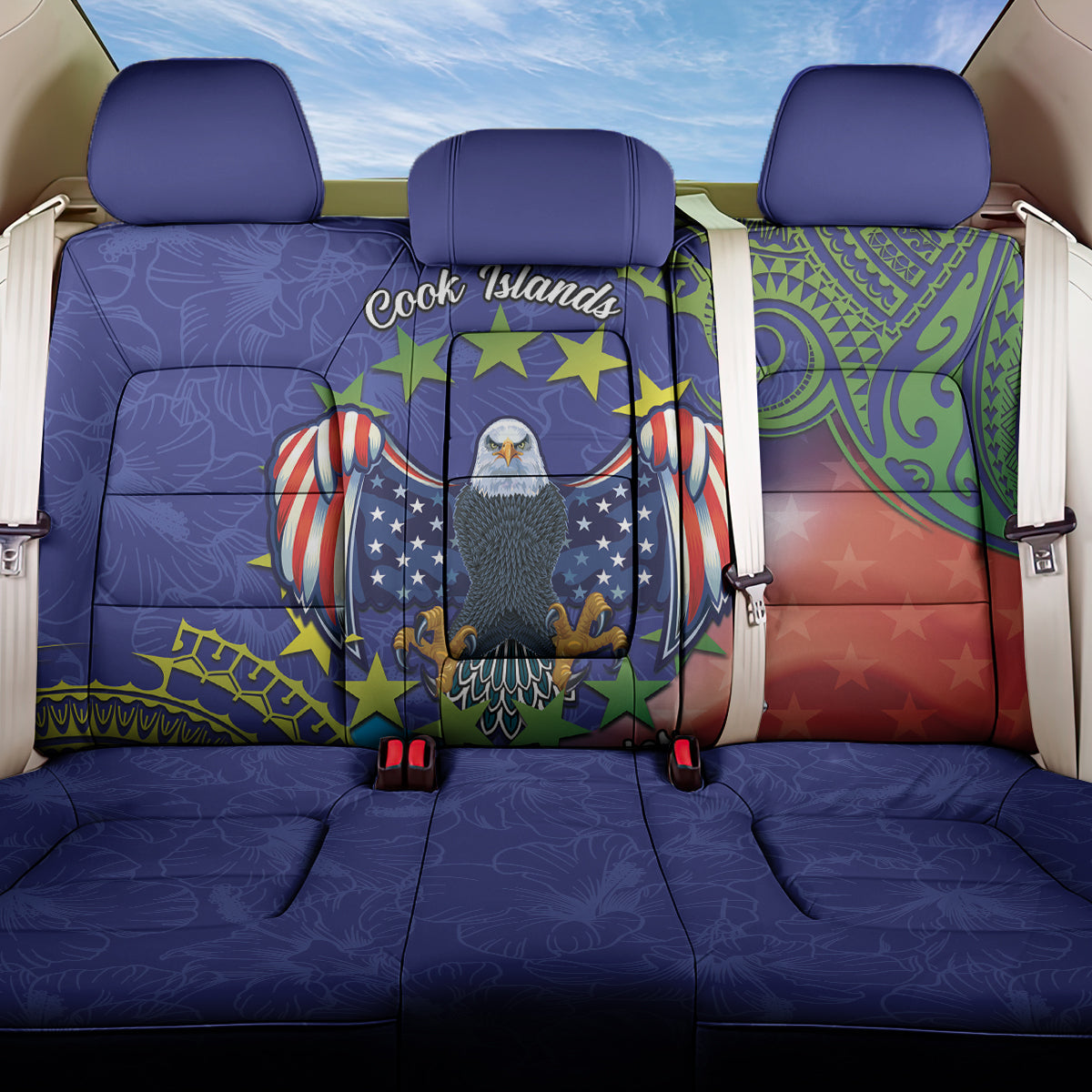 Personalised United States And Cook Islands Back Car Seat Cover USA Eagle Mix Polynesian Pattern LT14 One Size Blue - Polynesian Pride