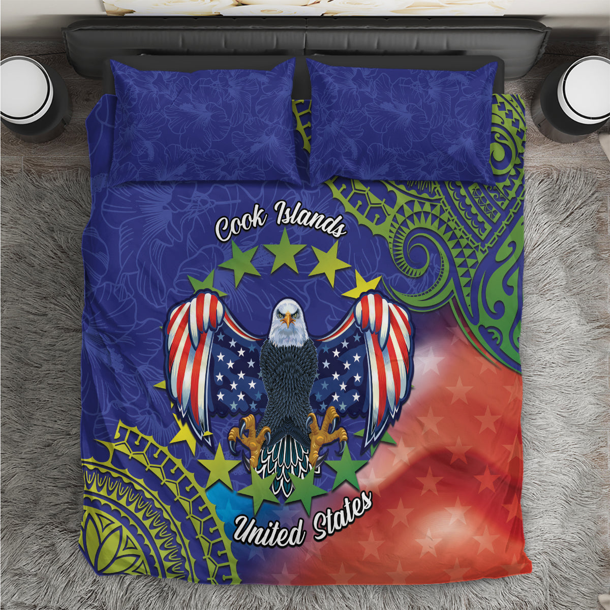 Personalised United States And Cook Islands Bedding Set USA Eagle Mix Polynesian Pattern LT14 Blue - Polynesian Pride
