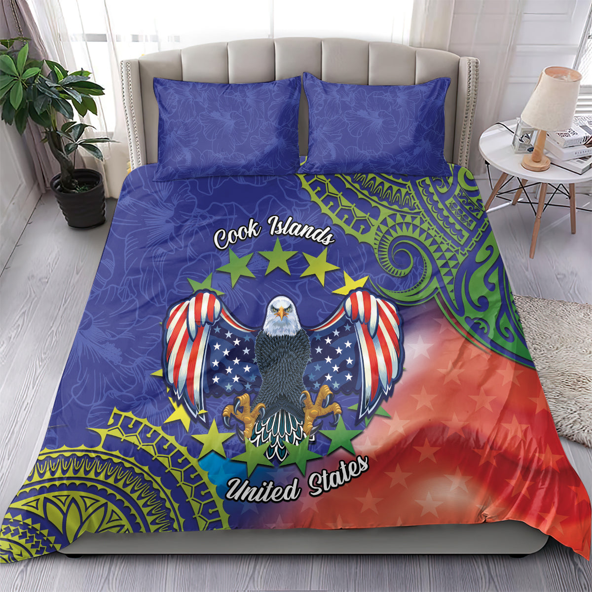 Personalised United States And Cook Islands Bedding Set USA Eagle Mix Polynesian Pattern LT14 - Polynesian Pride