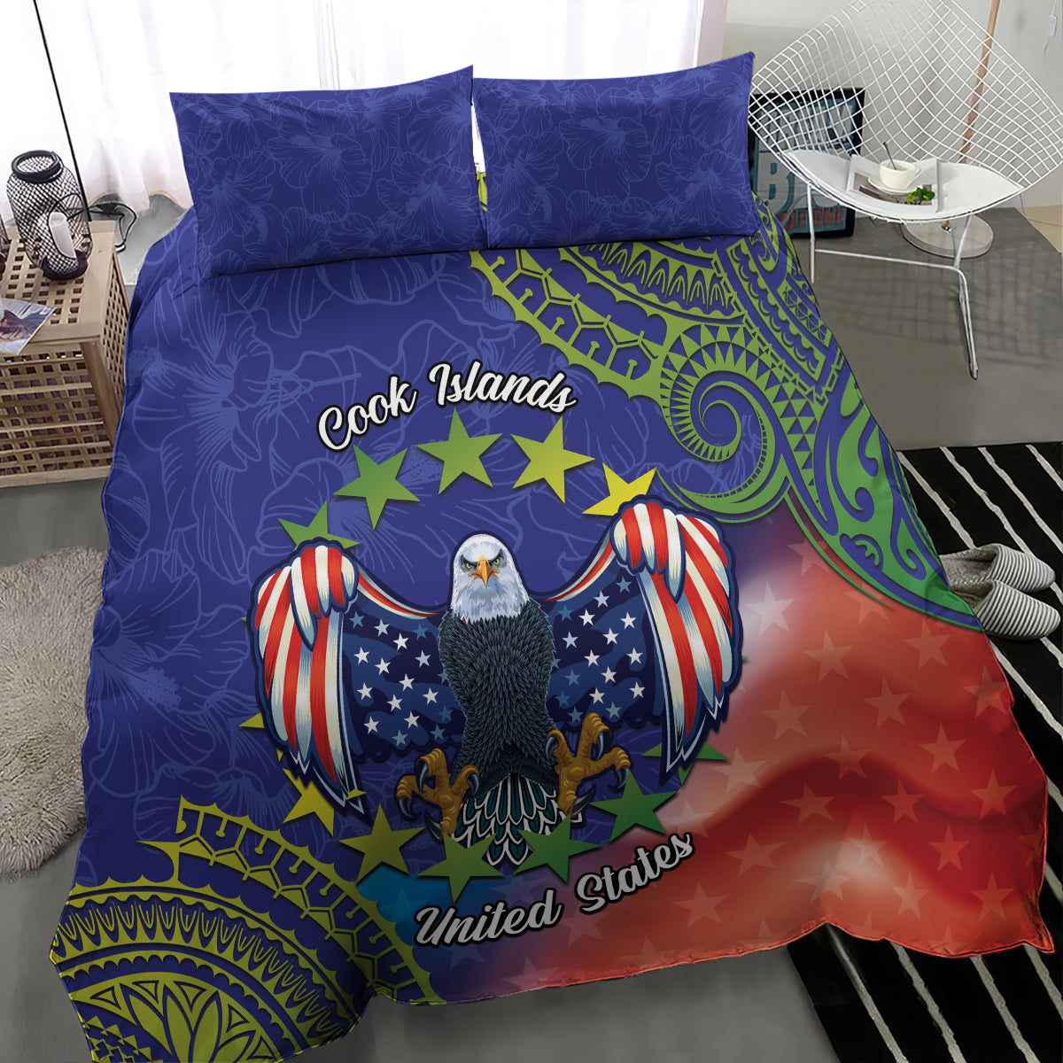 Personalised United States And Cook Islands Bedding Set USA Eagle Mix Polynesian Pattern LT14 - Polynesian Pride