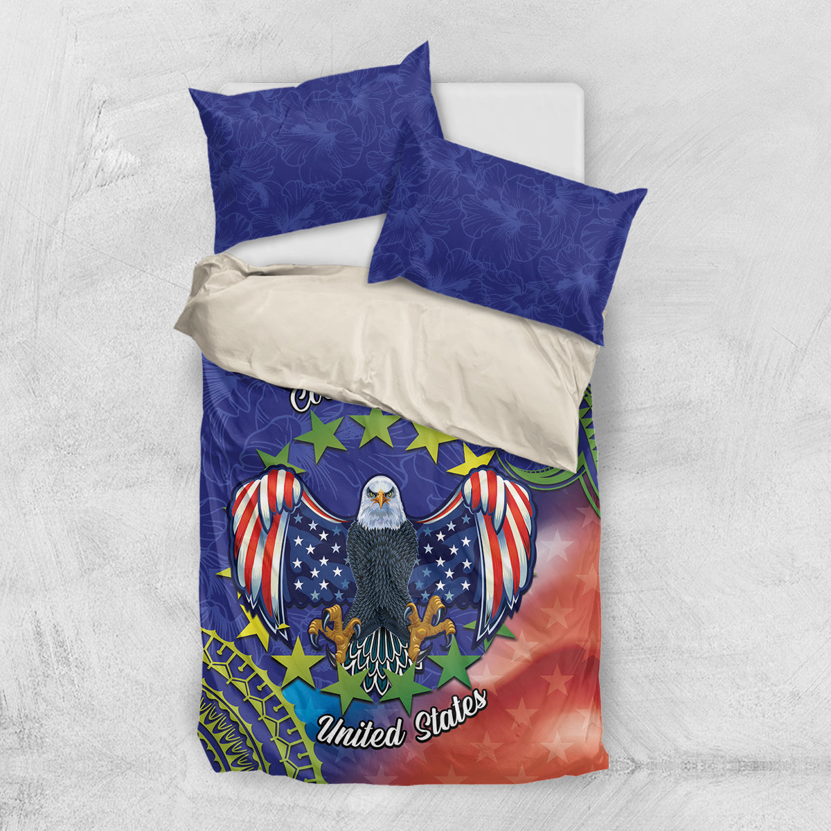Personalised United States And Cook Islands Bedding Set USA Eagle Mix Polynesian Pattern LT14 US Twin 172cm x 218cm Blue - Polynesian Pride