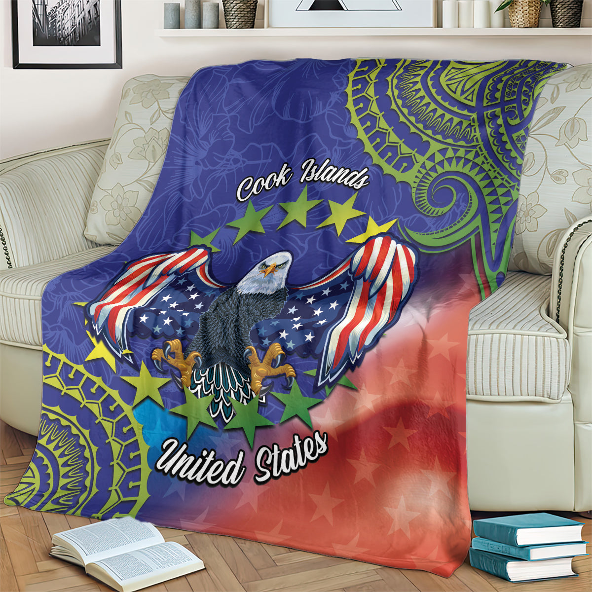 Personalised United States And Cook Islands Blanket USA Eagle Mix Polynesian Pattern