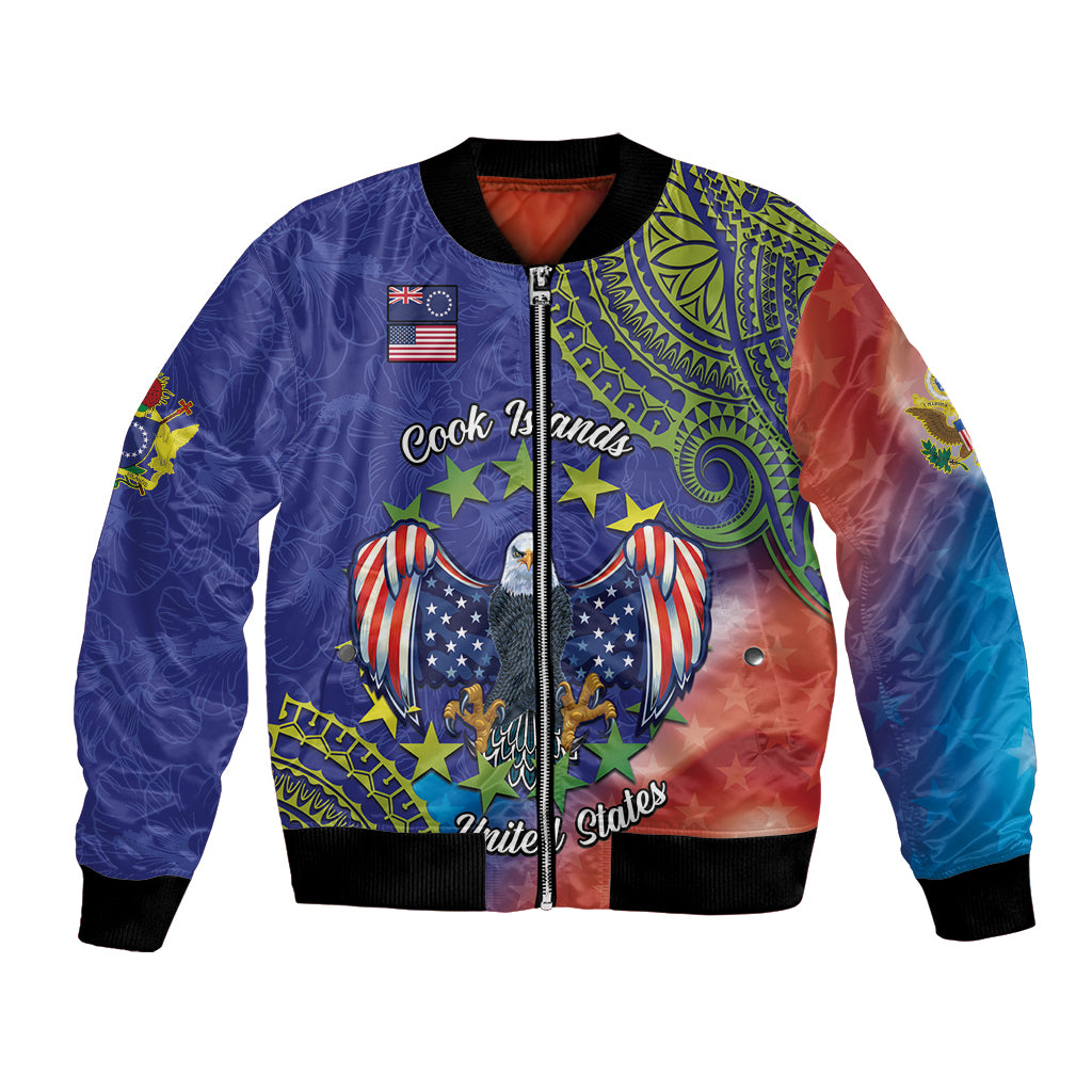 Personalised United States And Cook Islands Bomber Jacket USA Eagle Mix Polynesian Pattern