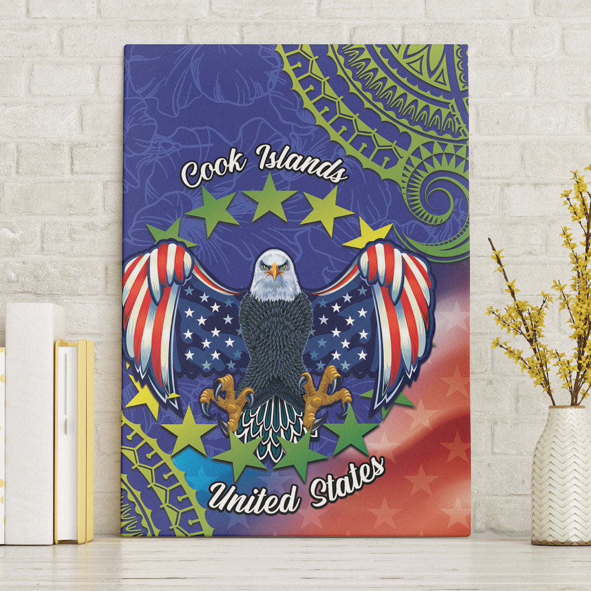 Personalised United States And Cook Islands Canvas Wall Art USA Eagle Mix Polynesian Pattern