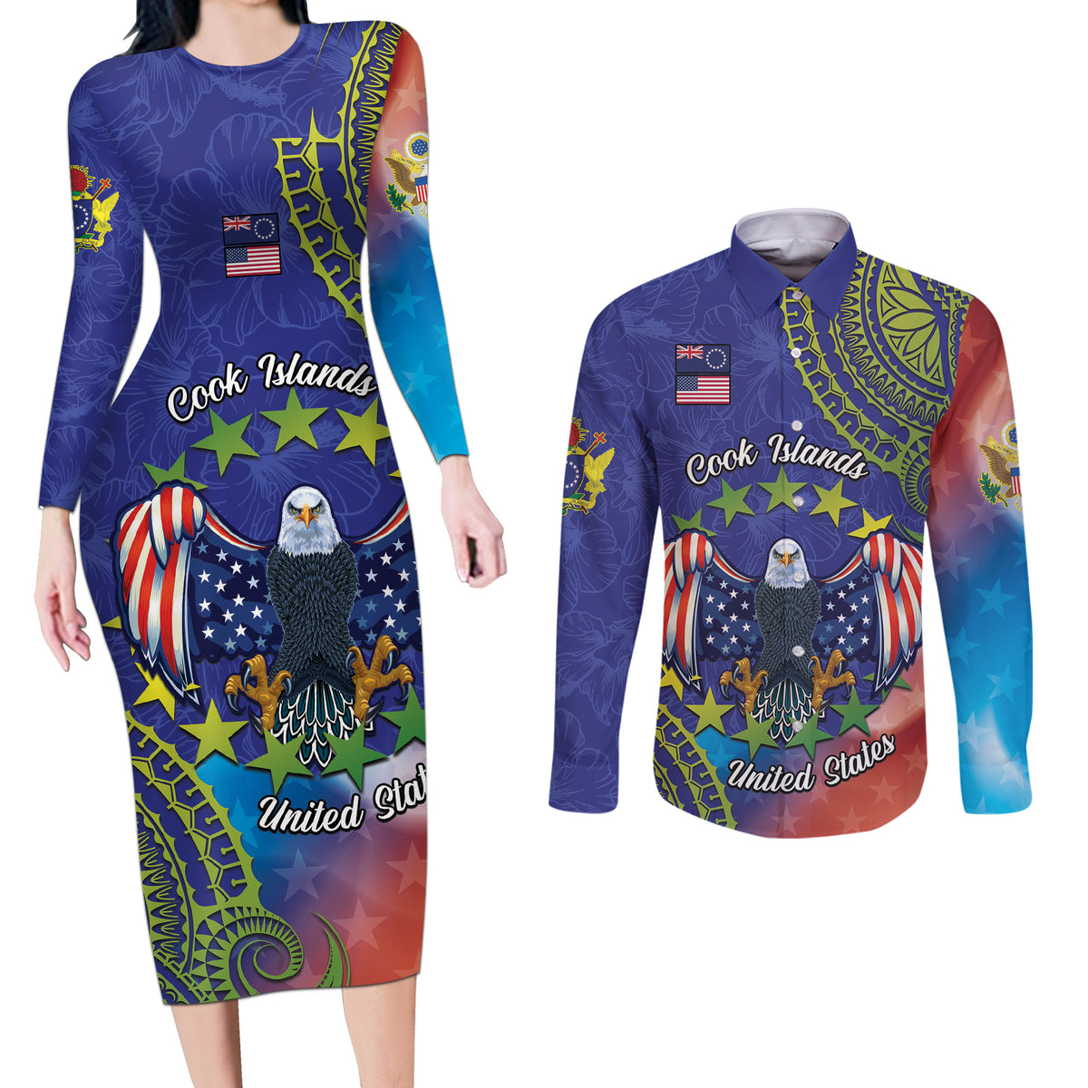 Personalised United States And Cook Islands Couples Matching Long Sleeve Bodycon Dress and Long Sleeve Button Shirt USA Eagle Mix Polynesian Pattern LT14 Blue - Polynesian Pride