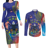 Personalised United States And Cook Islands Couples Matching Long Sleeve Bodycon Dress and Long Sleeve Button Shirt USA Eagle Mix Polynesian Pattern LT14 Blue - Polynesian Pride