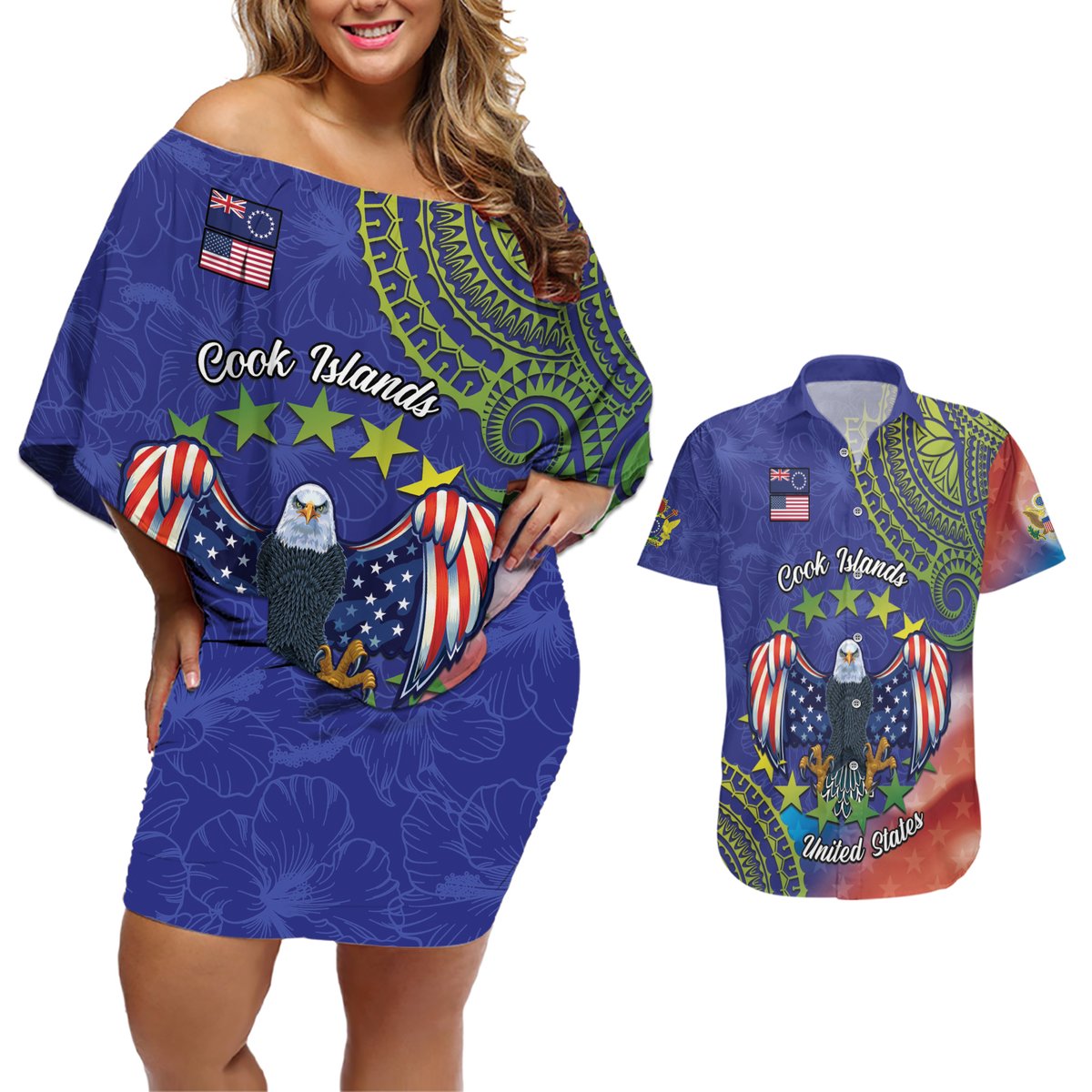 Personalised United States And Cook Islands Couples Matching Off Shoulder Short Dress and Hawaiian Shirt USA Eagle Mix Polynesian Pattern LT14 Blue - Polynesian Pride