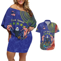 Personalised United States And Cook Islands Couples Matching Off Shoulder Short Dress and Hawaiian Shirt USA Eagle Mix Polynesian Pattern LT14 Blue - Polynesian Pride