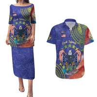 Personalised United States And Cook Islands Couples Matching Puletasi and Hawaiian Shirt USA Eagle Mix Polynesian Pattern