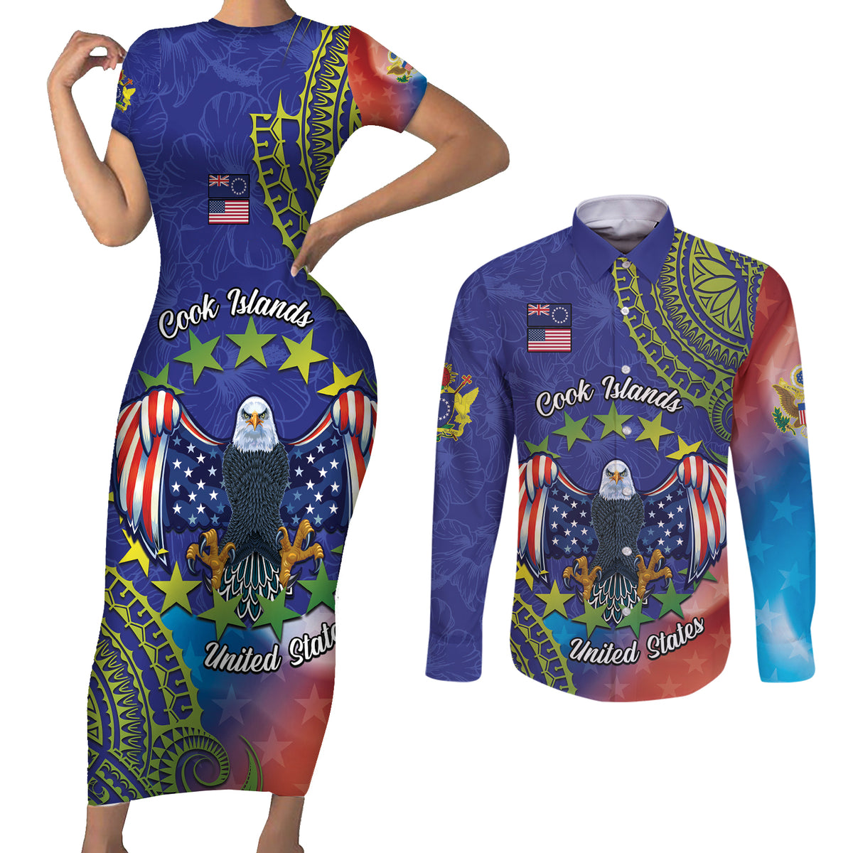Personalised United States And Cook Islands Couples Matching Short Sleeve Bodycon Dress and Long Sleeve Button Shirt USA Eagle Mix Polynesian Pattern LT14 Blue - Polynesian Pride