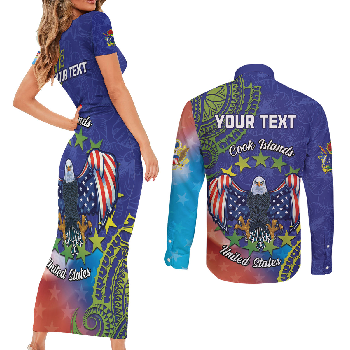 Personalised United States And Cook Islands Couples Matching Short Sleeve Bodycon Dress and Long Sleeve Button Shirt USA Eagle Mix Polynesian Pattern LT14 - Polynesian Pride