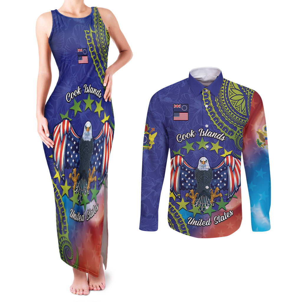 Personalised United States And Cook Islands Couples Matching Tank Maxi Dress and Long Sleeve Button Shirt USA Eagle Mix Polynesian Pattern LT14 Blue - Polynesian Pride