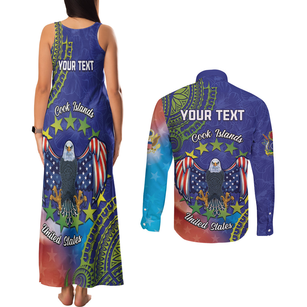 Personalised United States And Cook Islands Couples Matching Tank Maxi Dress and Long Sleeve Button Shirt USA Eagle Mix Polynesian Pattern LT14 - Polynesian Pride
