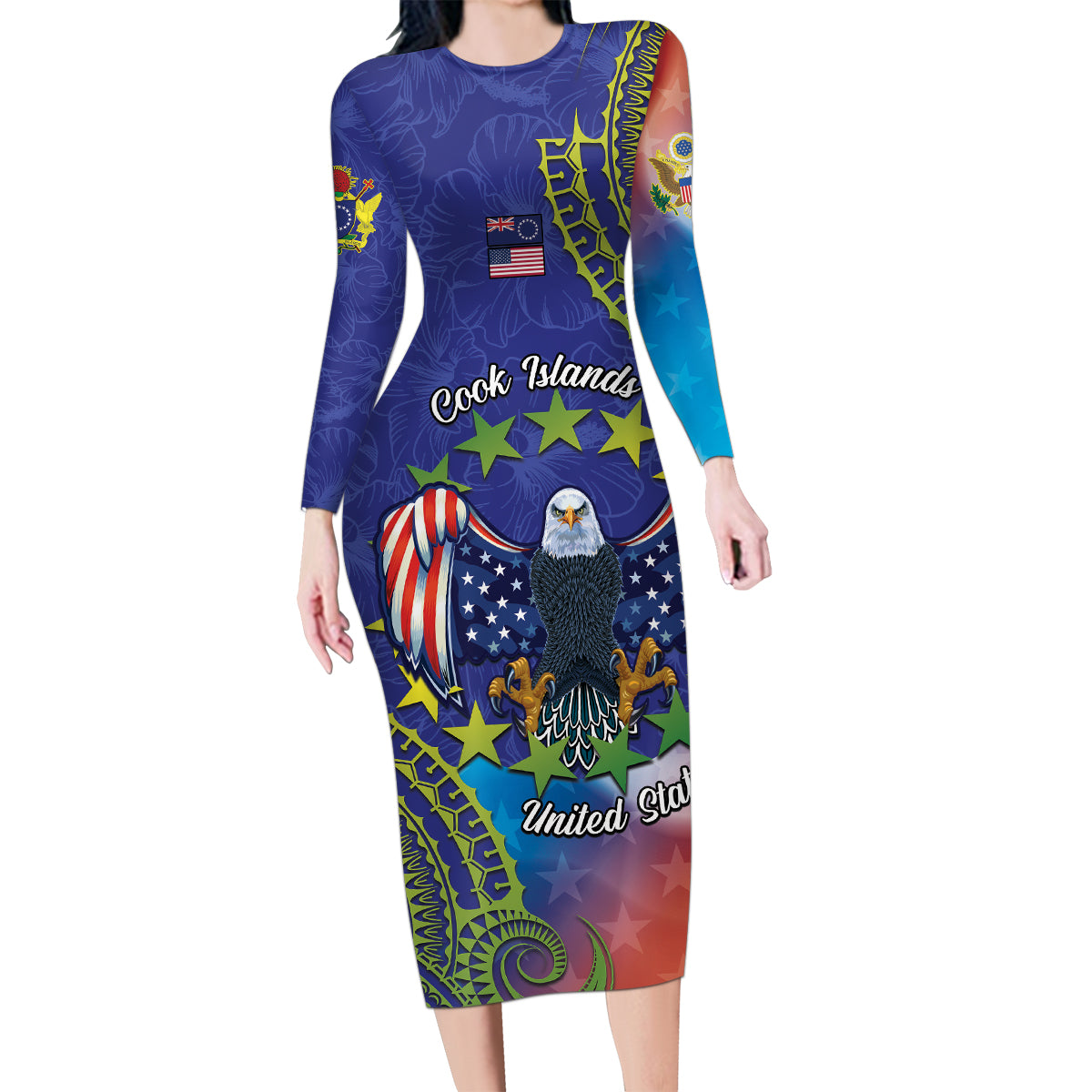 Personalised United States And Cook Islands Family Matching Long Sleeve Bodycon Dress and Hawaiian Shirt USA Eagle Mix Polynesian Pattern LT14 Mom's Dress Blue - Polynesian Pride
