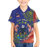Personalised United States And Cook Islands Family Matching Long Sleeve Bodycon Dress and Hawaiian Shirt USA Eagle Mix Polynesian Pattern LT14 Son's Shirt Blue - Polynesian Pride