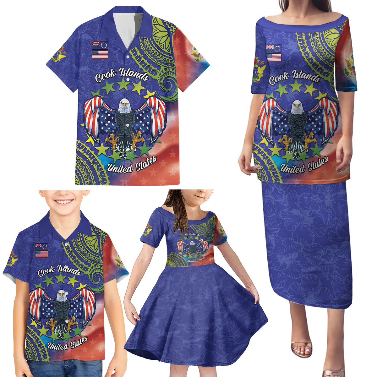 Personalised United States And Cook Islands Family Matching Puletasi and Hawaiian Shirt USA Eagle Mix Polynesian Pattern LT14 - Polynesian Pride