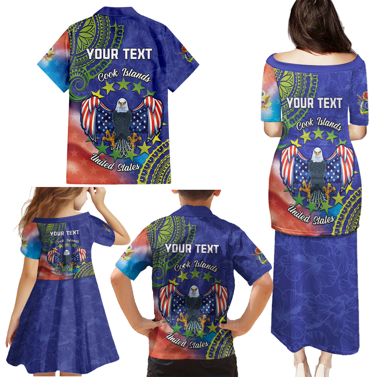 Personalised United States And Cook Islands Family Matching Puletasi and Hawaiian Shirt USA Eagle Mix Polynesian Pattern LT14 - Polynesian Pride