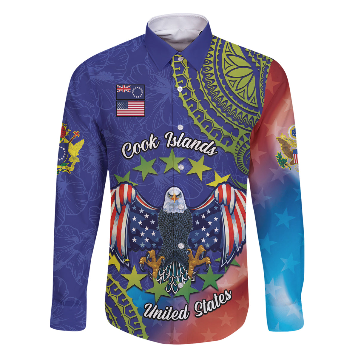 Personalised United States And Cook Islands Family Matching Puletasi and Hawaiian Shirt USA Eagle Mix Polynesian Pattern LT14 Dad's Shirt - Long Sleeve Blue - Polynesian Pride
