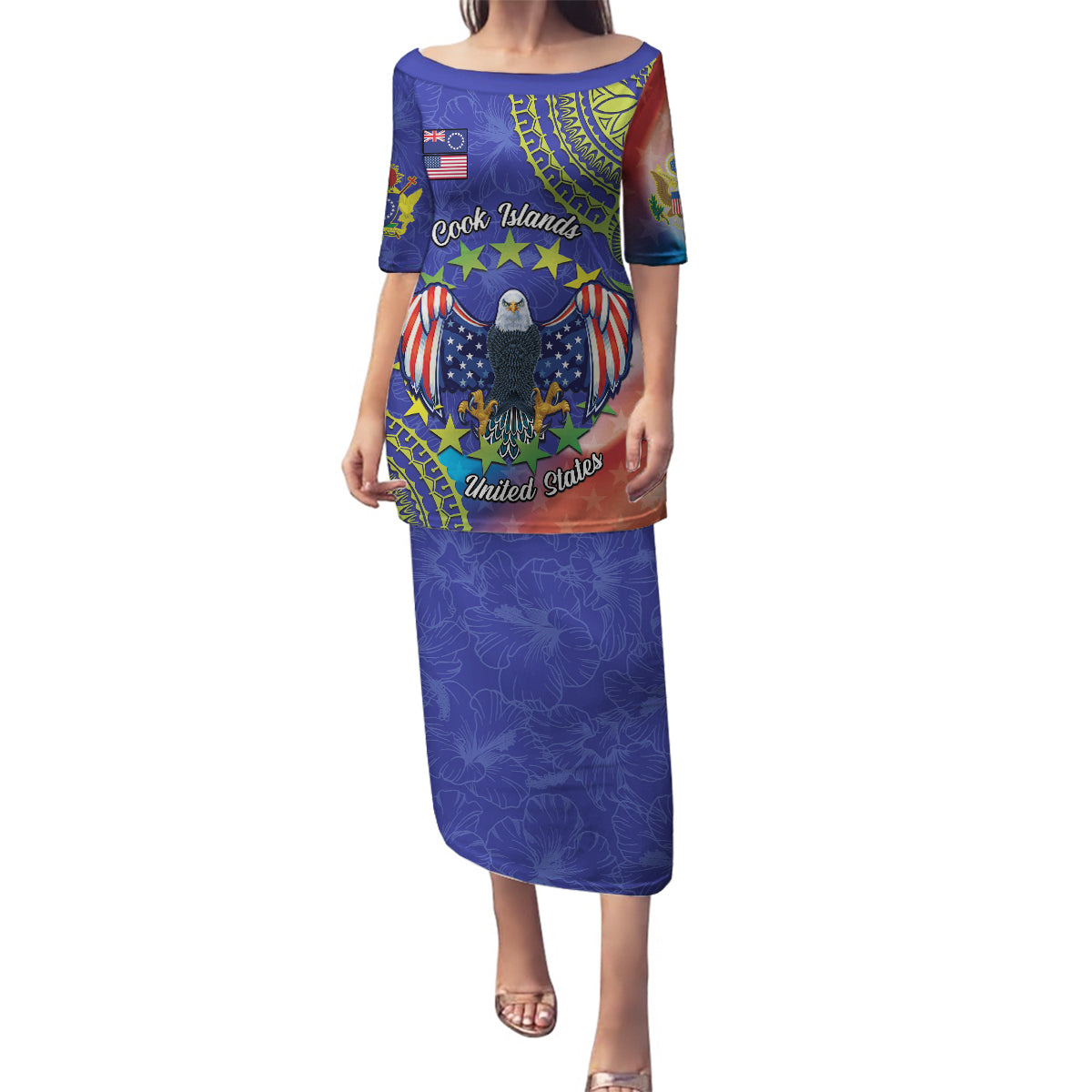 Personalised United States And Cook Islands Family Matching Puletasi and Hawaiian Shirt USA Eagle Mix Polynesian Pattern LT14 Mom's Dress Blue - Polynesian Pride