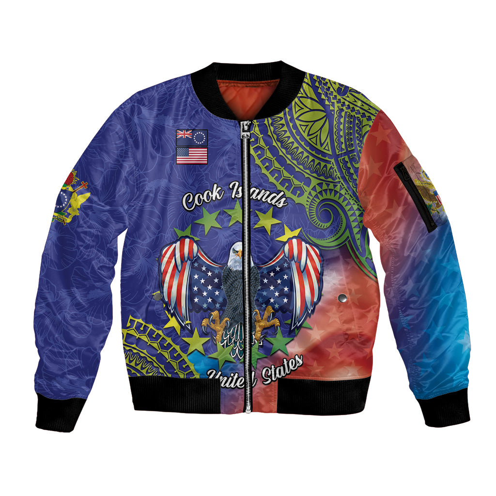 Personalised United States And Cook Islands Sleeve Zip Bomber Jacket USA Eagle Mix Polynesian Pattern