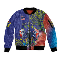 Personalised United States And Cook Islands Sleeve Zip Bomber Jacket USA Eagle Mix Polynesian Pattern