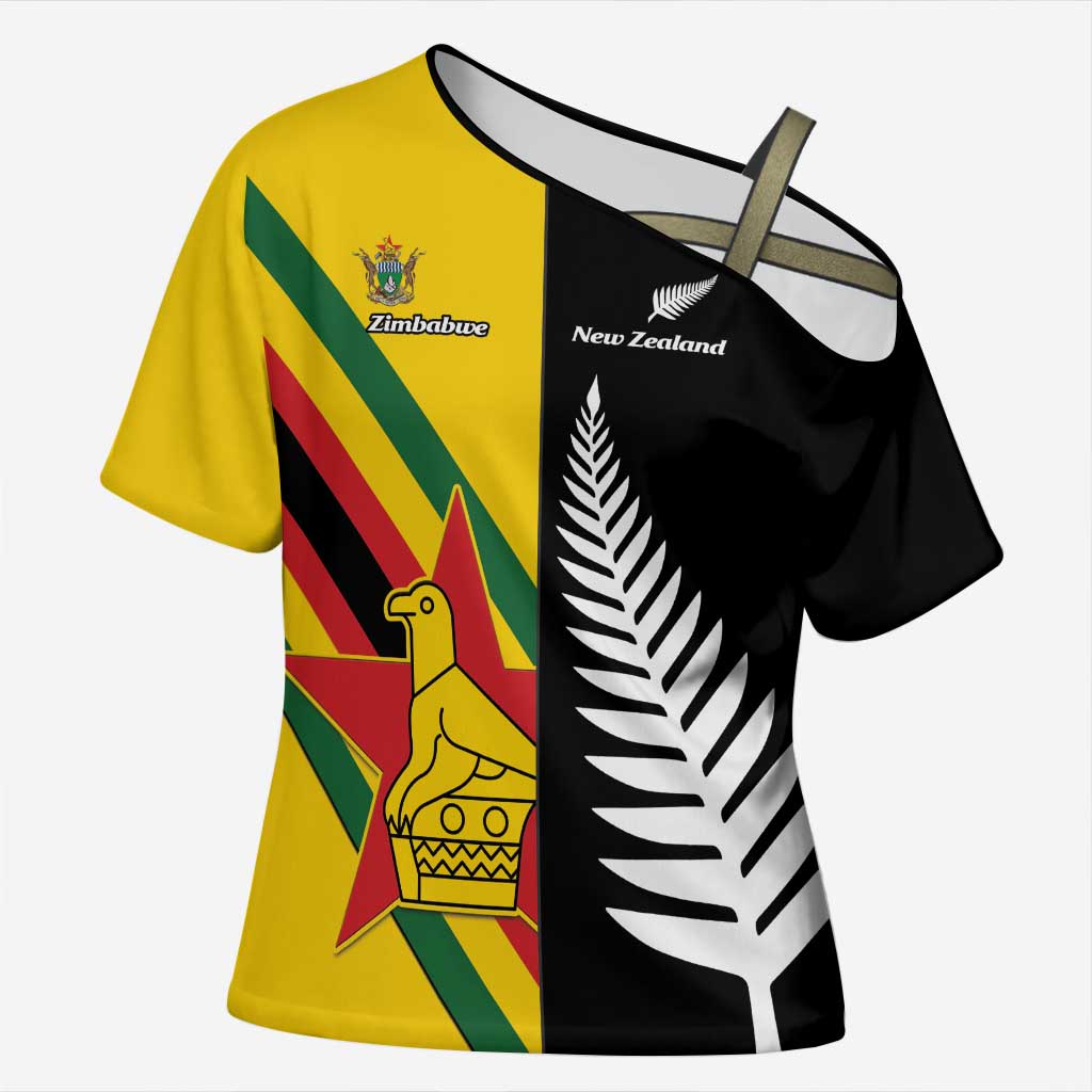 Custom New Zealand and Zimbabwe Cross Shoulder Shirt NZ Fern Zim Flag Half Style LT14 Female Black - Polynesian Pride