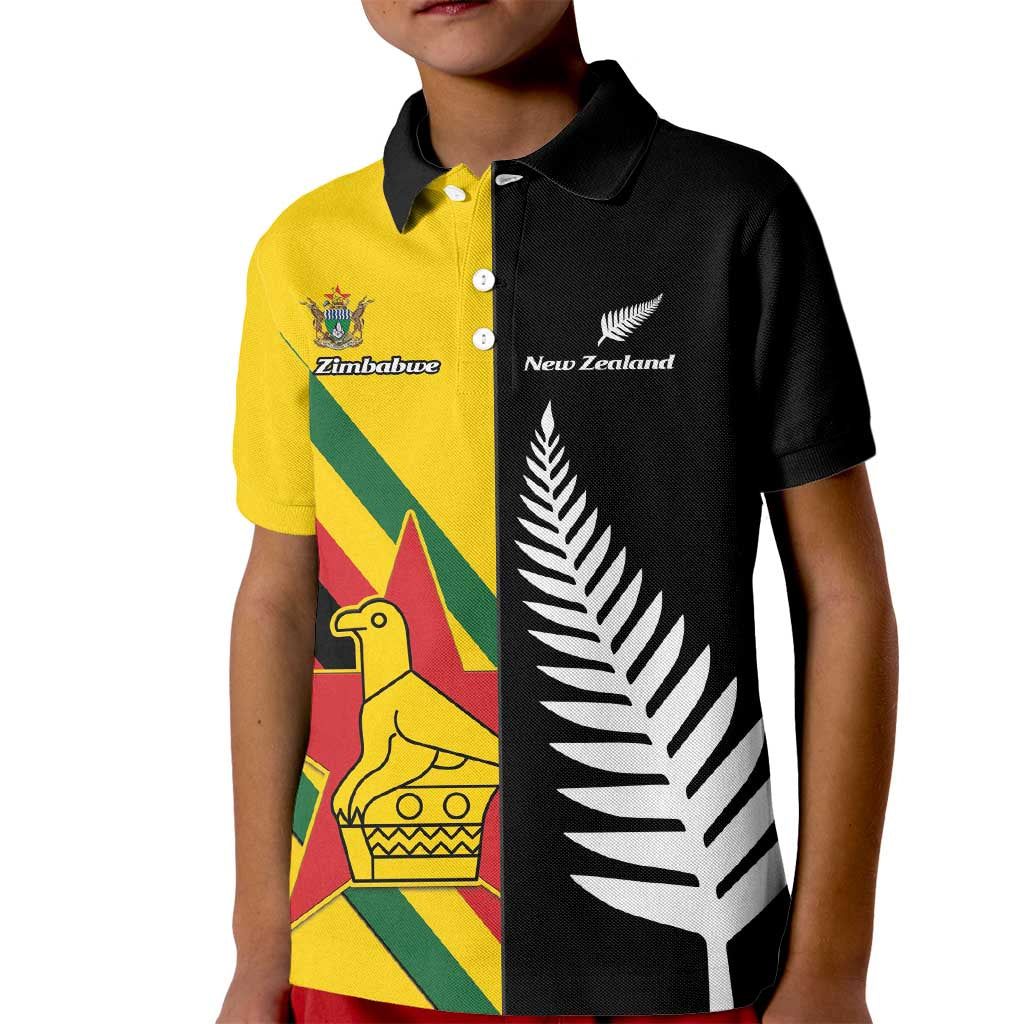 Custom New Zealand and Zimbabwe Kid Polo Shirt NZ Fern Zim Flag Half Style LT14 Kid Black - Polynesian Pride