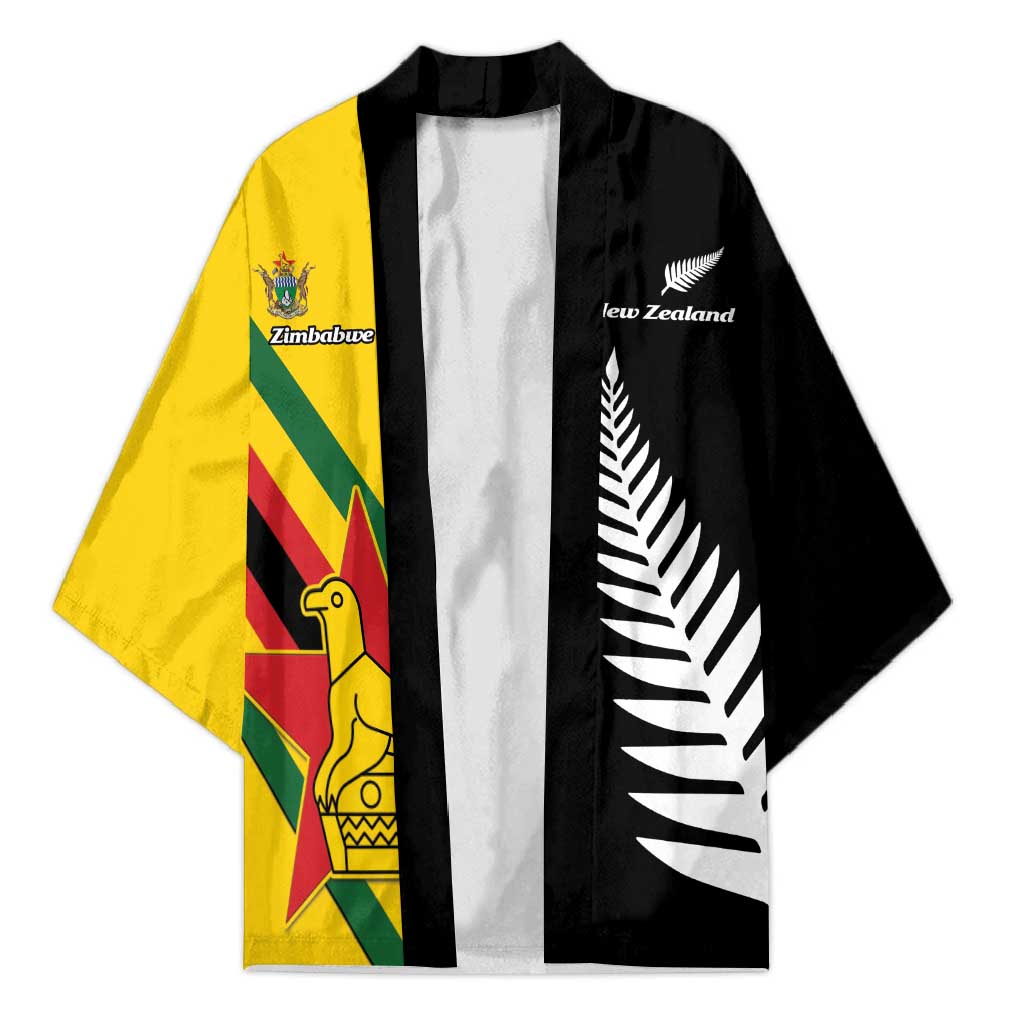 Custom New Zealand and Zimbabwe Kimono NZ Fern Zim Flag Half Style LT14 Unisex Black - Polynesian Pride