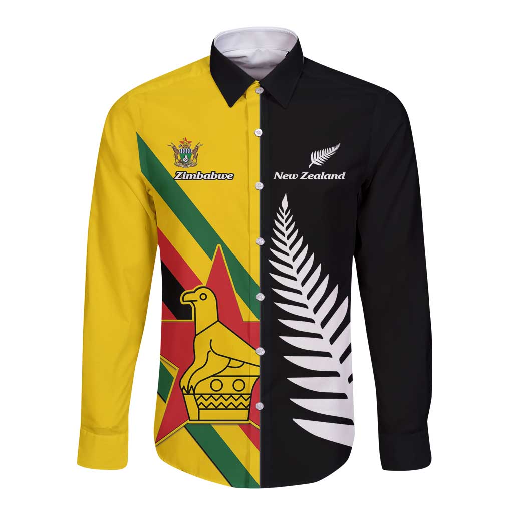 Custom New Zealand and Zimbabwe Long Sleeve Button Shirt NZ Fern Zim Flag Half Style LT14 Unisex Black - Polynesian Pride