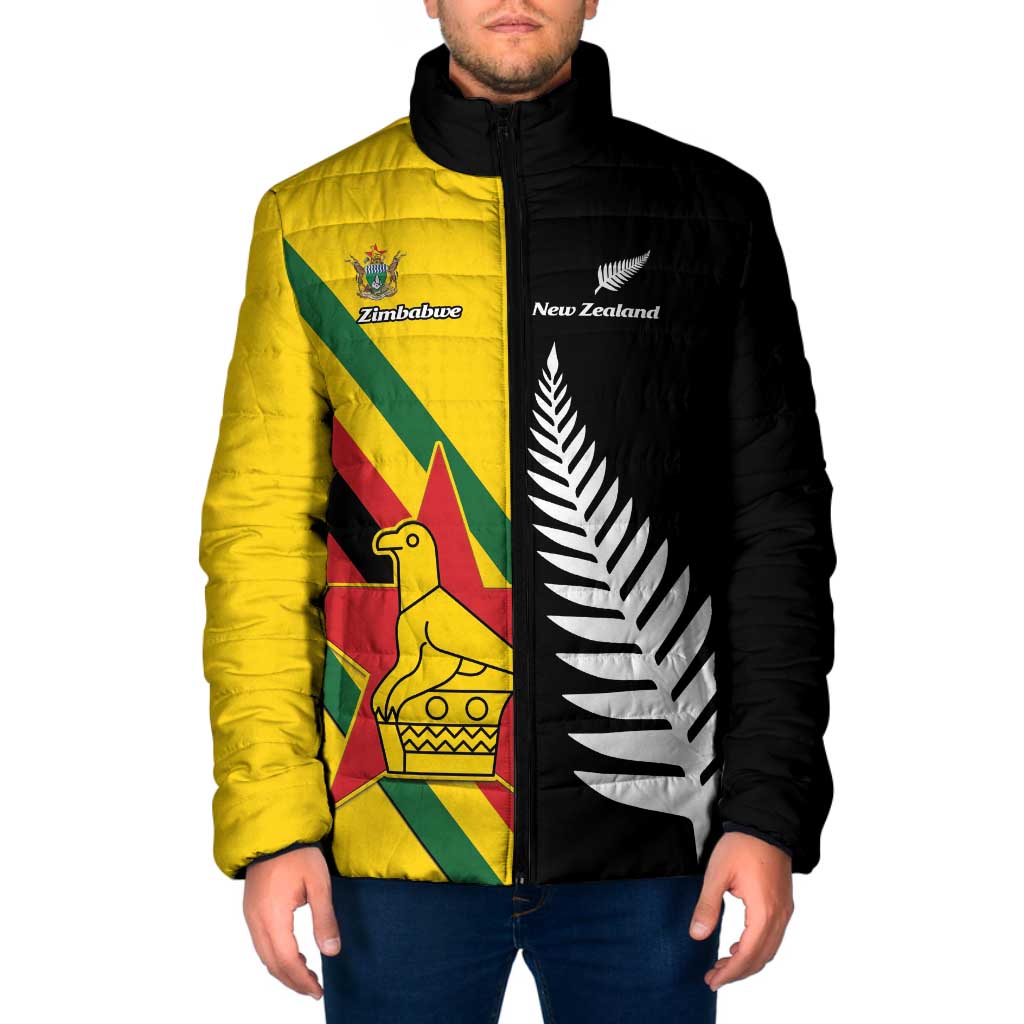 Custom New Zealand and Zimbabwe Padded Jacket NZ Fern Zim Flag Half Style LT14 Men Black - Polynesian Pride