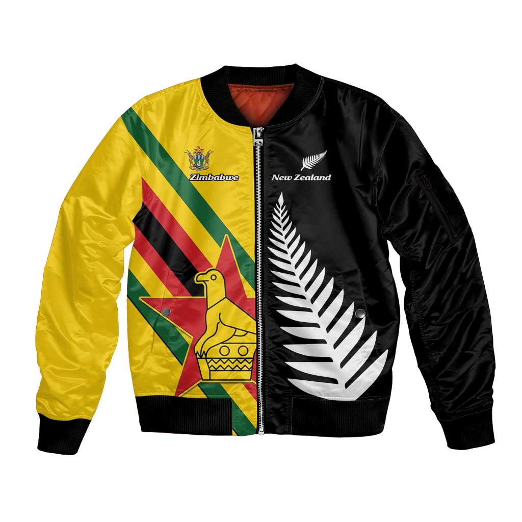 Custom New Zealand and Zimbabwe Sleeve Zip Bomber Jacket NZ Fern Zim Flag Half Style LT14 Unisex Black - Polynesian Pride