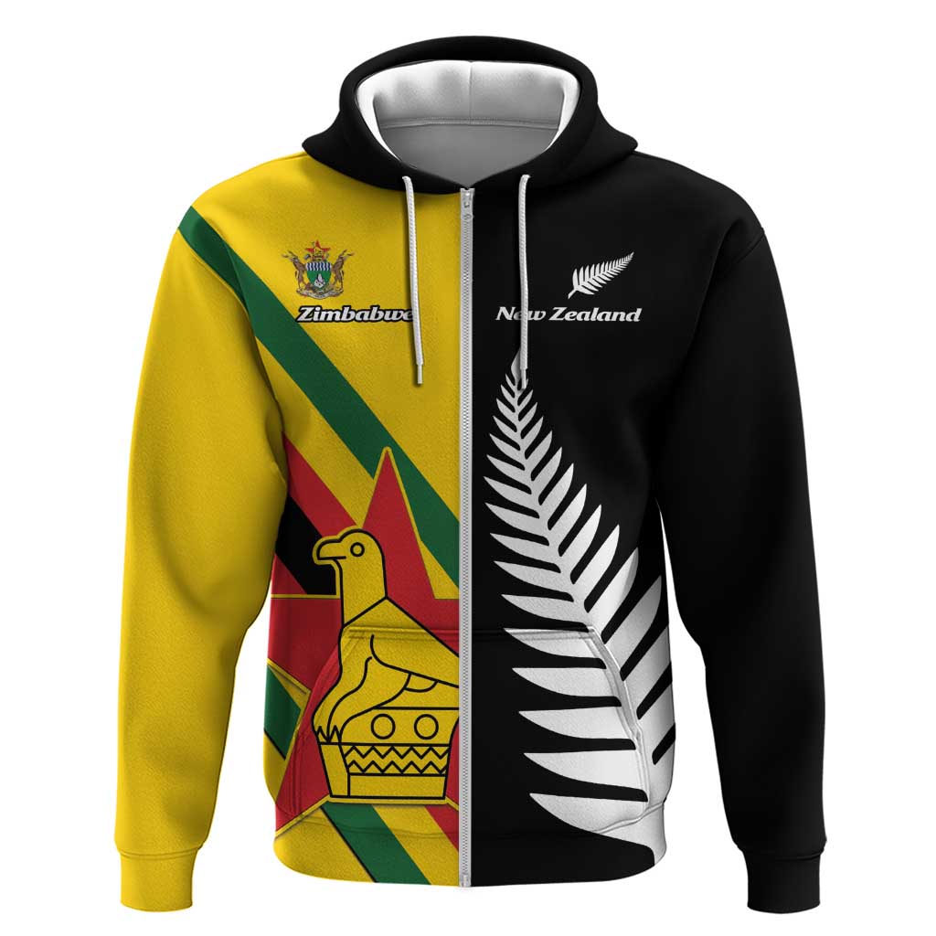 Custom New Zealand and Zimbabwe Zip Hoodie NZ Fern Zim Flag Half Style LT14 Zip Hoodie Black - Polynesian Pride
