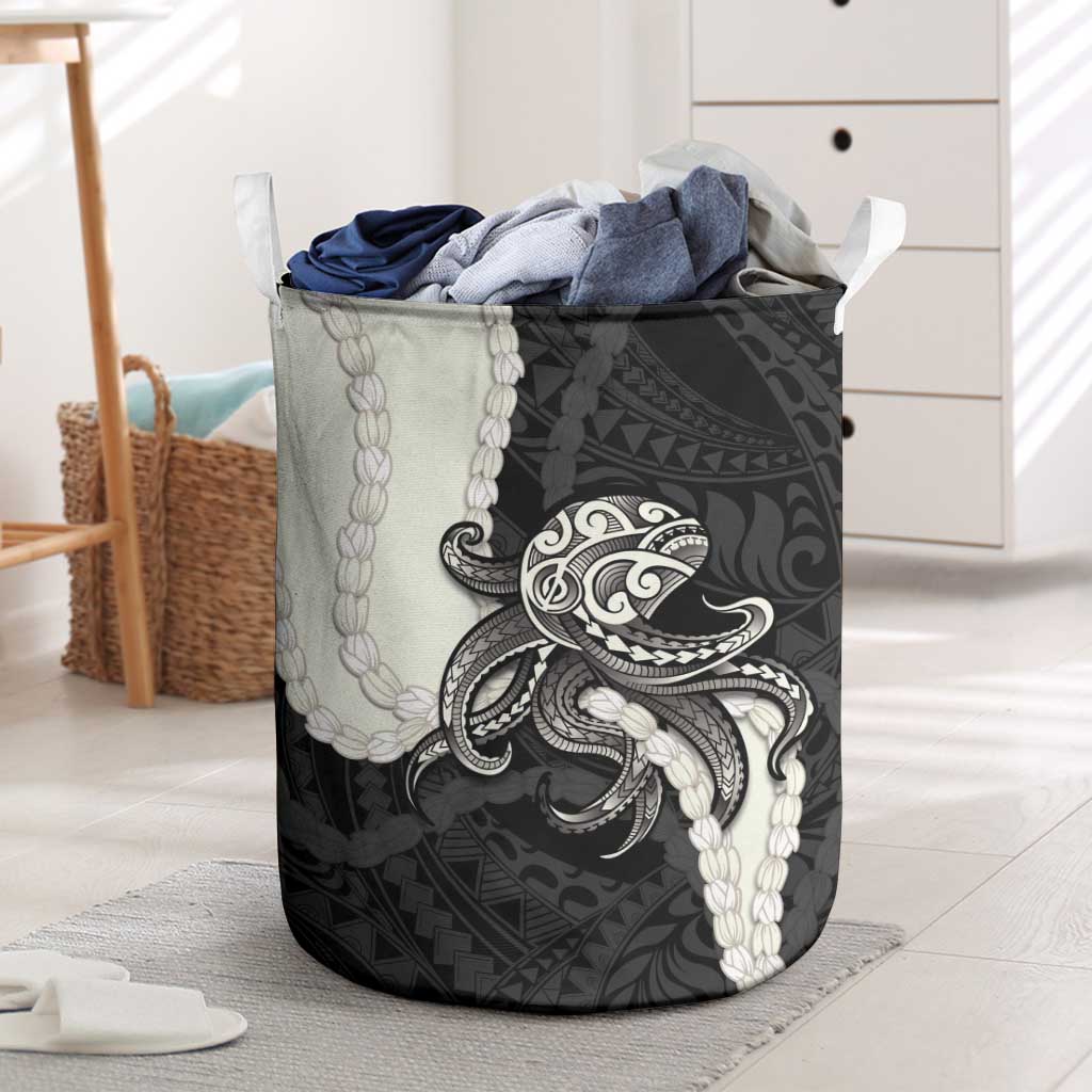 Black Polynesia Tribal Octopus Tattoo Laundry Basket Pikake Lei Polynesian Pattern